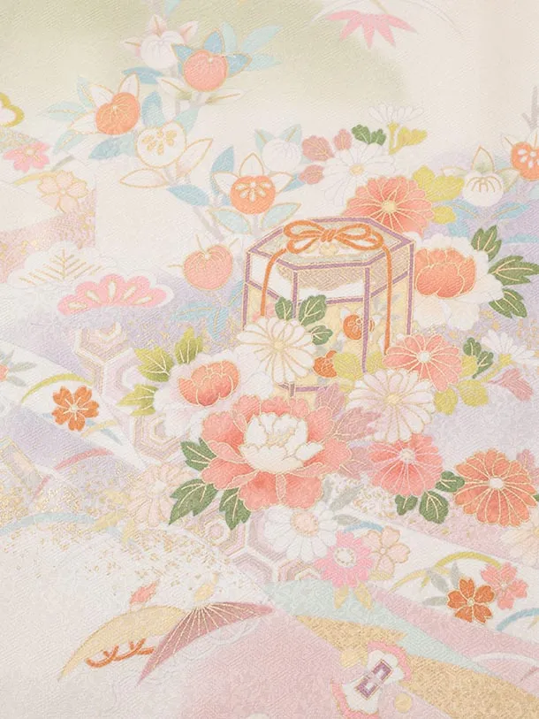 訪問着t1581 クリーム 貝桶に四季花