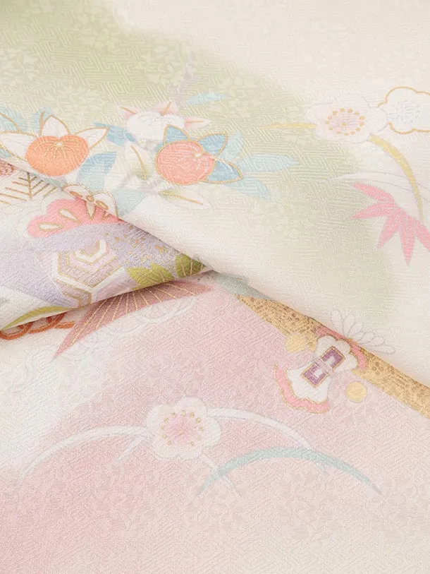 訪問着t1581 クリーム 貝桶に四季花