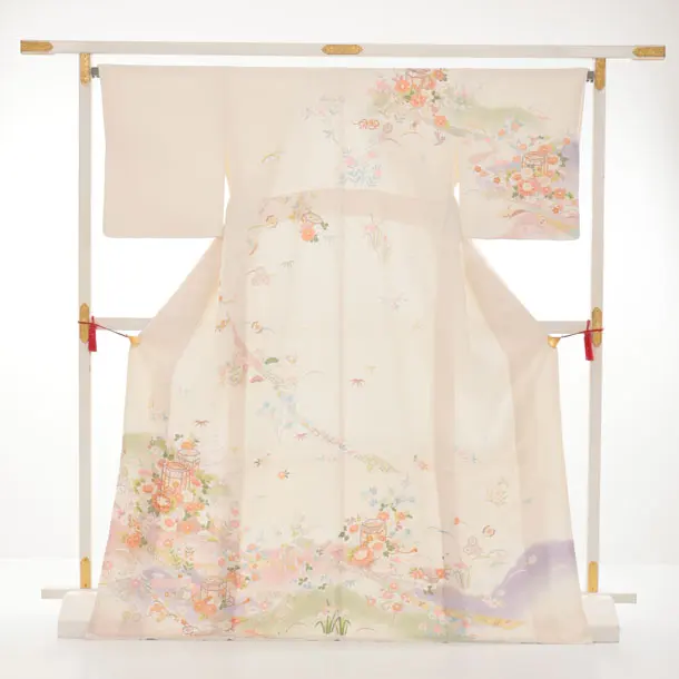 訪問着t1581 クリーム 貝桶に四季花