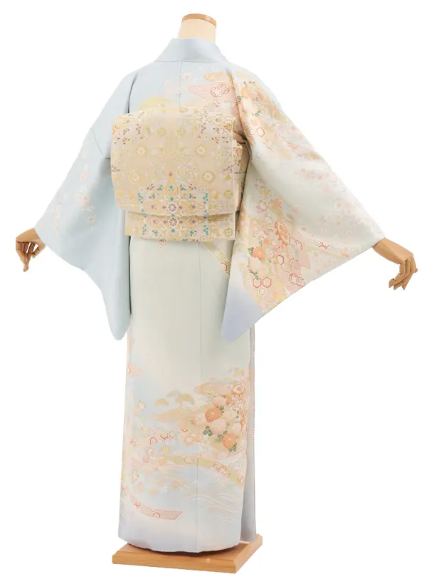 訪問着t1583 水色 熨斗に貝桶四季花