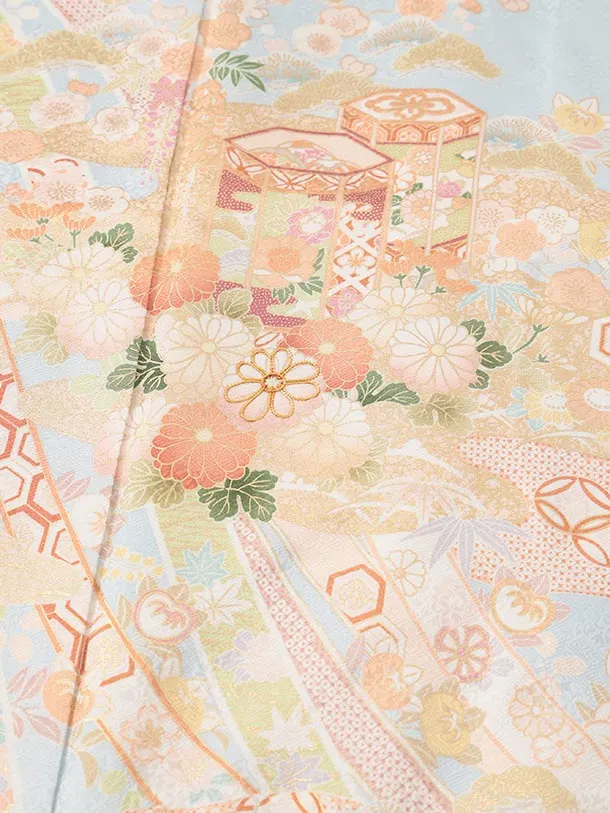 訪問着t1583 水色 熨斗に貝桶四季花