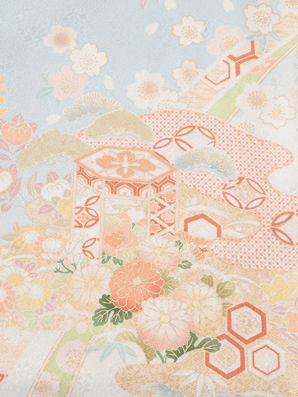 訪問着t1583 水色 熨斗に貝桶四季花