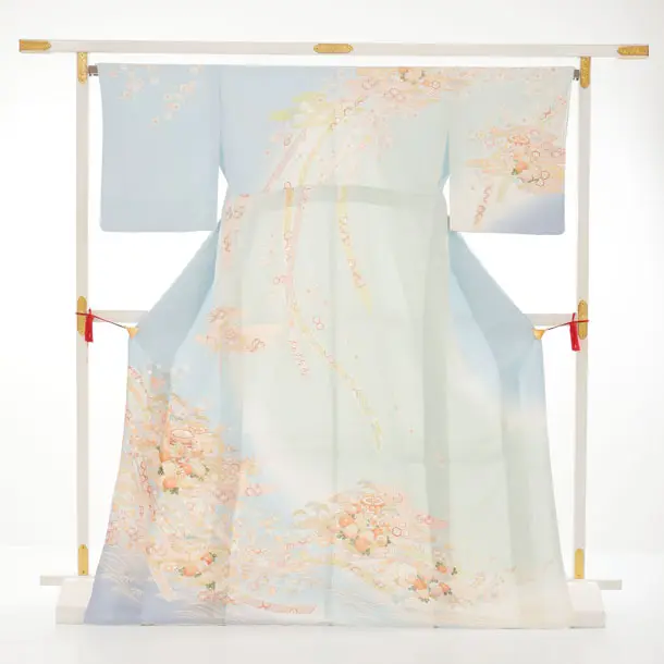 訪問着t1583 水色 熨斗に貝桶四季花