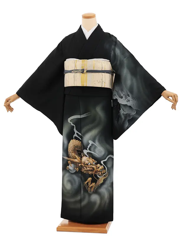 訪問着t1586 黒地 金の龍
