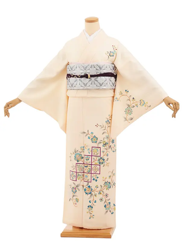 訪問着t1589 岡重 クリームピンク 市松更紗文様