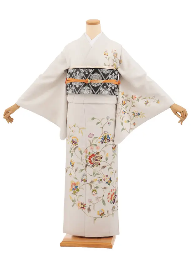 訪問着t1590 岡重 淡グレー 唐花文様