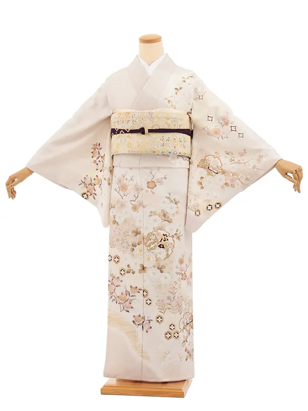 訪問着t1599 ベージュ地 雪輪に四季花