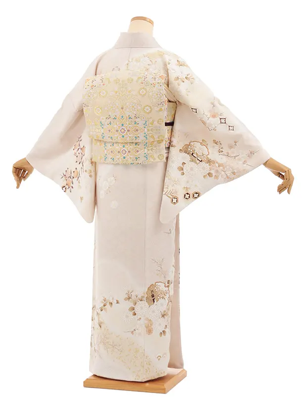 訪問着t1599 ベージュ地 雪輪に四季花