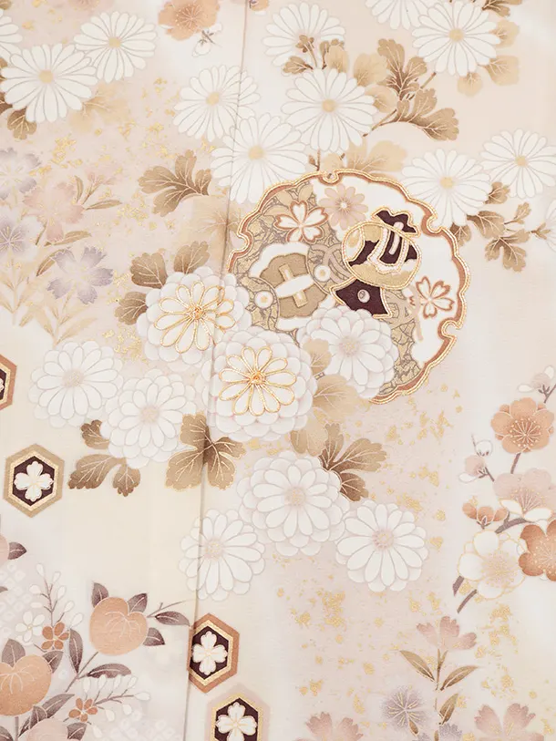 訪問着t1599 ベージュ地 雪輪に四季花