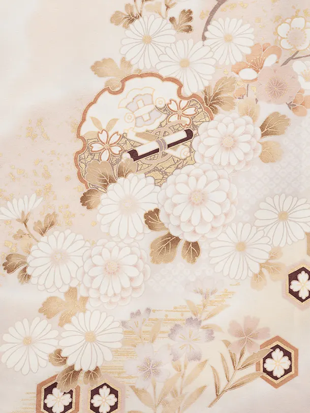 訪問着t1599 ベージュ地 雪輪に四季花