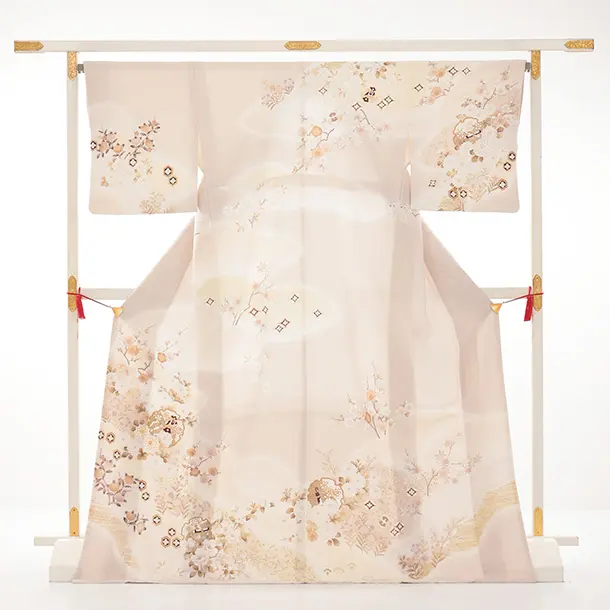 訪問着t1599 ベージュ地 雪輪に四季花