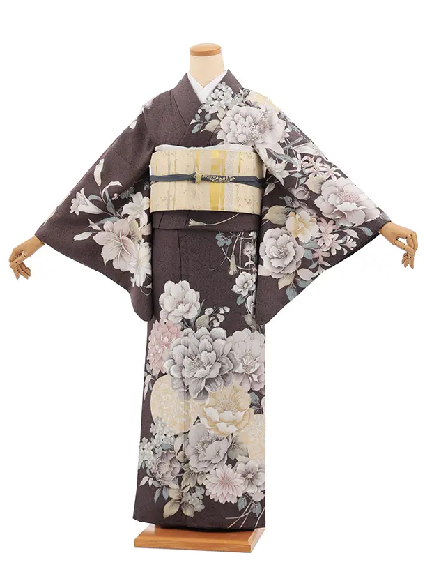 訪問着t1601 グレー地 まりにぼたん花