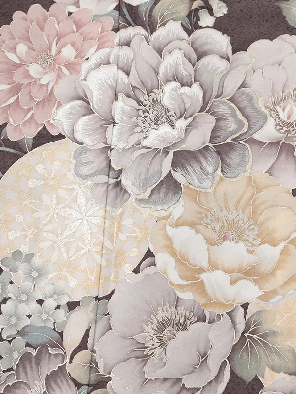 訪問着t1601 グレー地 まりにぼたん花