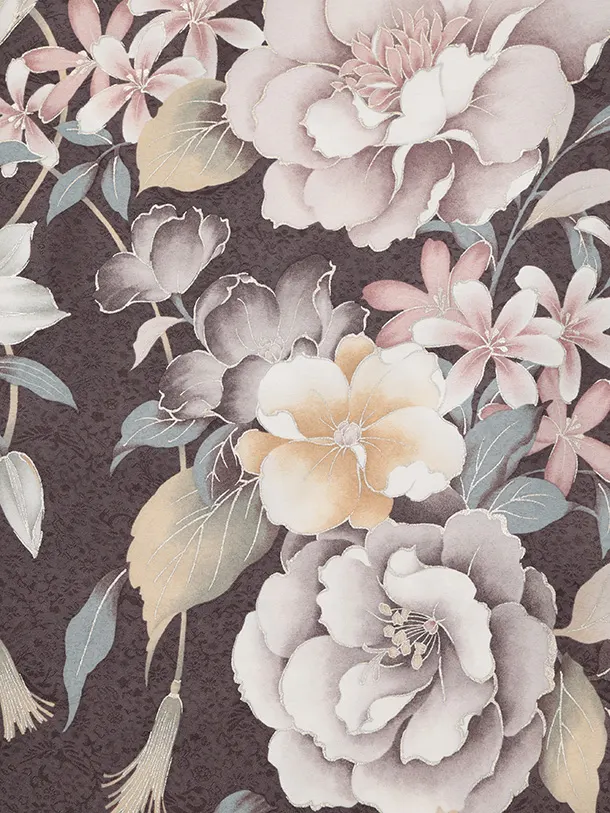 訪問着t1601 グレー地 まりにぼたん花