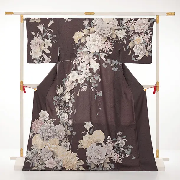 訪問着t1601 グレー地 まりにぼたん花