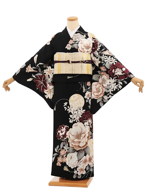 訪問着t1605 黒地 まりにぼたん花