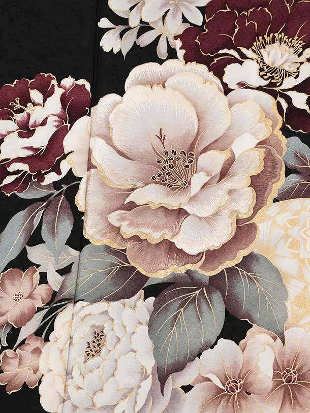 訪問着t1605 黒地 まりにぼたん花