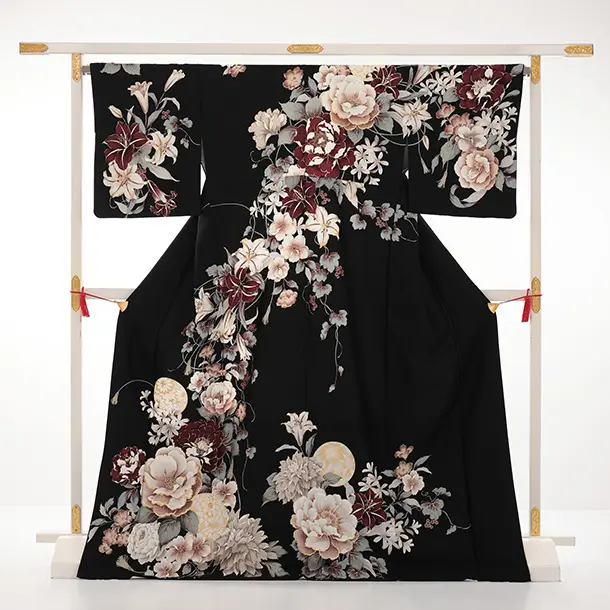 訪問着t1605 黒地 まりにぼたん花