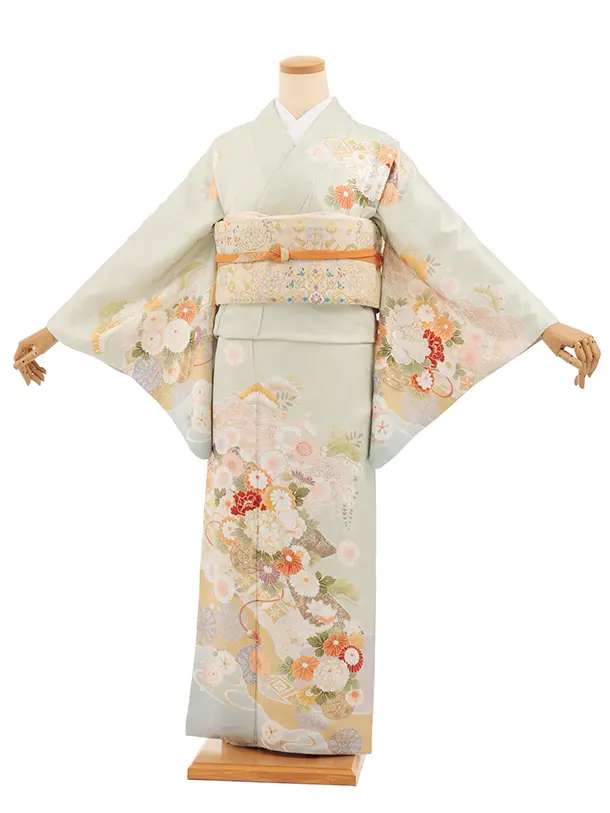 訪問着tQ1607 ひわ色 水面に花籠