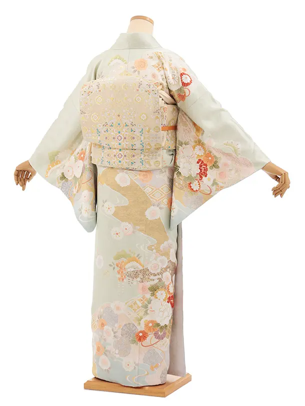 訪問着tQ1607 ひわ色 水面に花籠