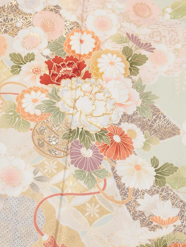 訪問着tQ1607 ひわ色 水面に花籠