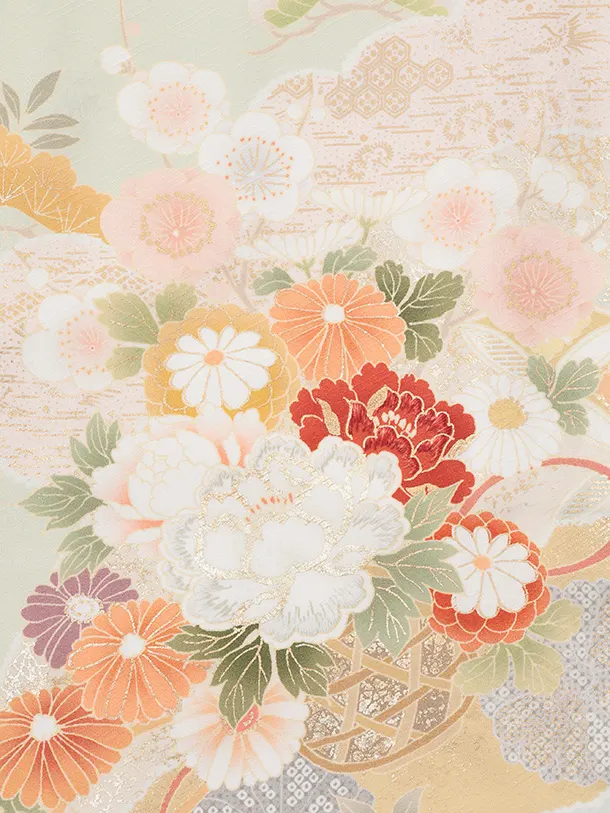 訪問着tQ1607 ひわ色 水面に花籠