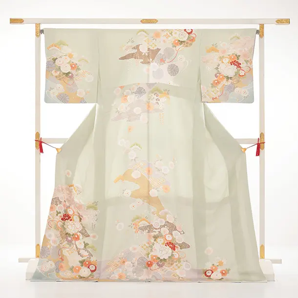 訪問着tQ1607 ひわ色 水面に花籠