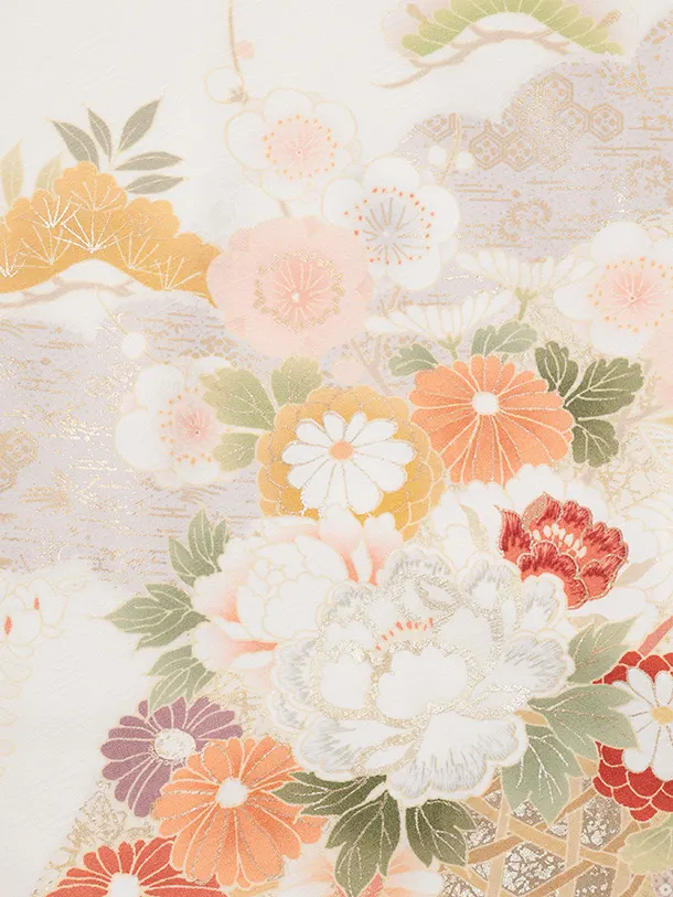 訪問着tQ1608 オフ白 水面に花籠