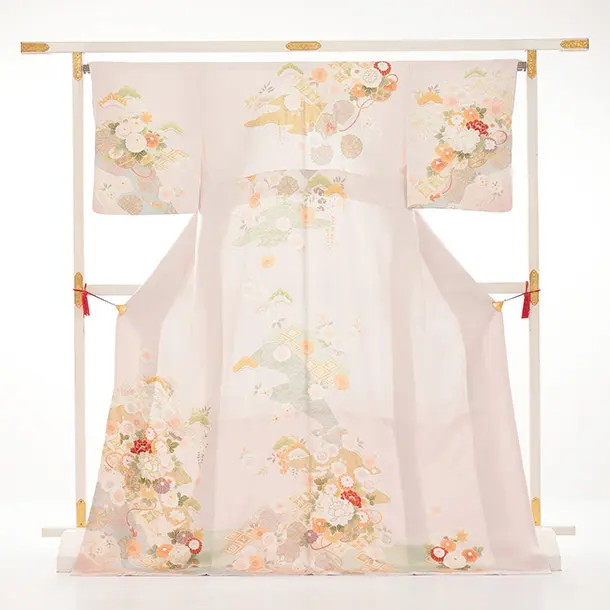 訪問着tQ1609 淡ピンク 水面に花籠