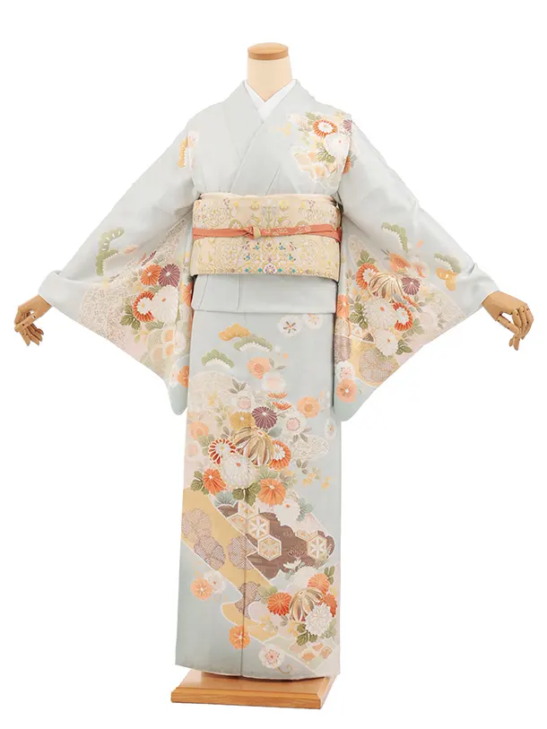 訪問着tｔ1612(トールサイズ) 淡ブルーグレー 桜菊にまり