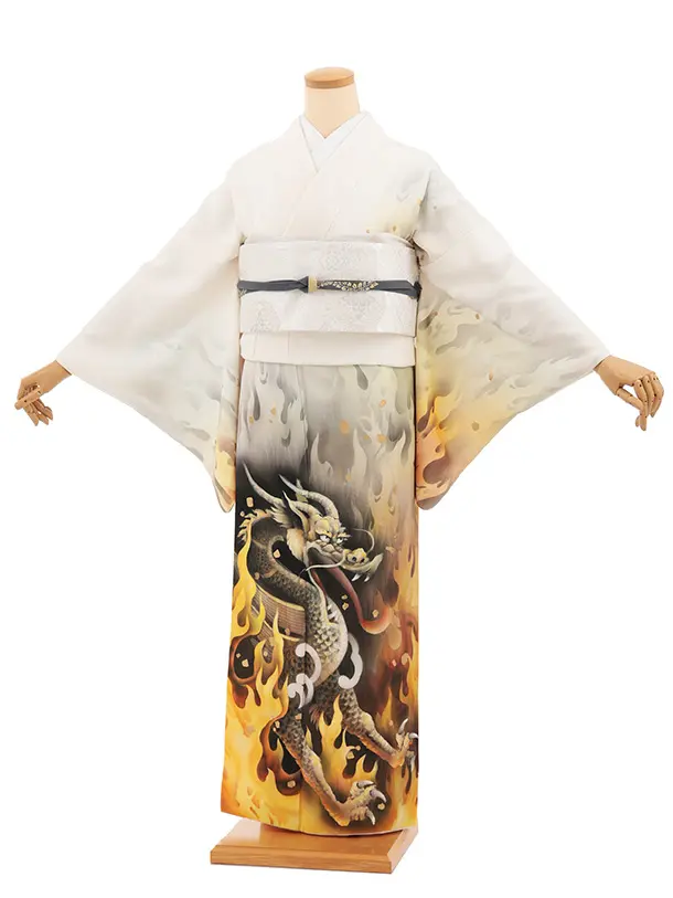 訪問着t1619 オフ白 炎に龍