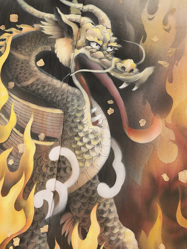 訪問着t1619 オフ白 炎に龍