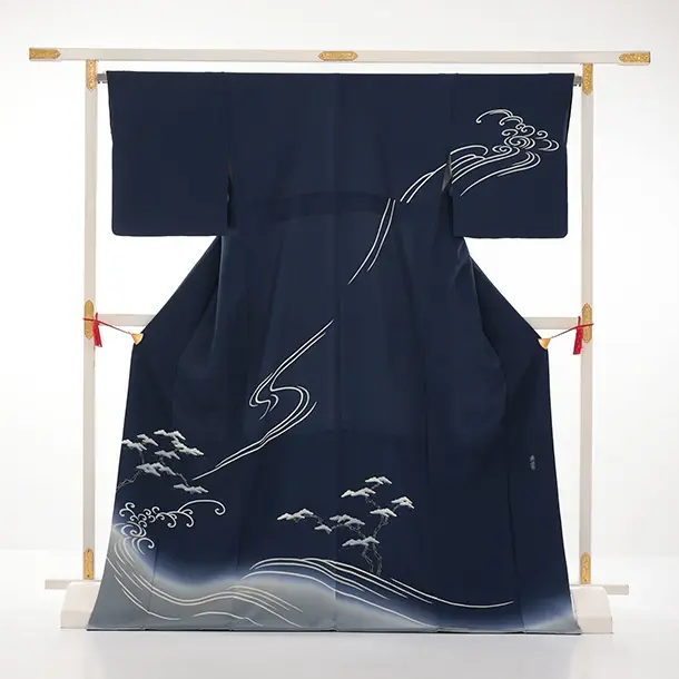 訪問着t1621 清染居 上野街子 紺地 松に波頭