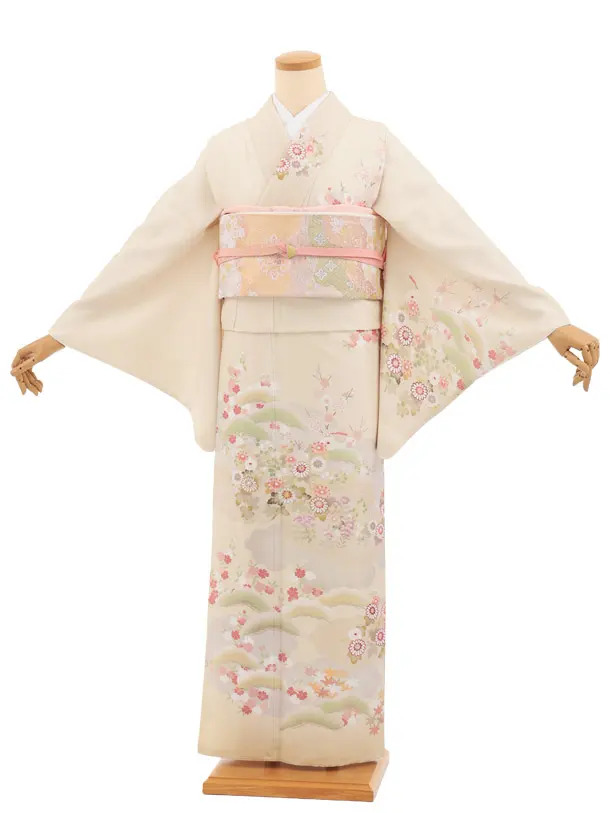 訪問着tｔ1631(トールサイズ) 式部浪漫 クリームベージュ 雲に四季花