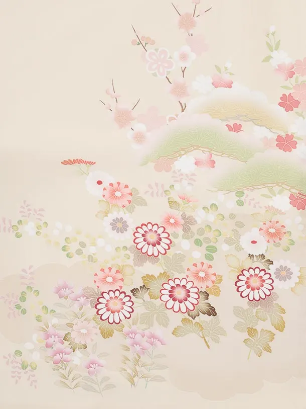 訪問着tｔ1631(トールサイズ) 式部浪漫 クリームベージュ 雲に四季花