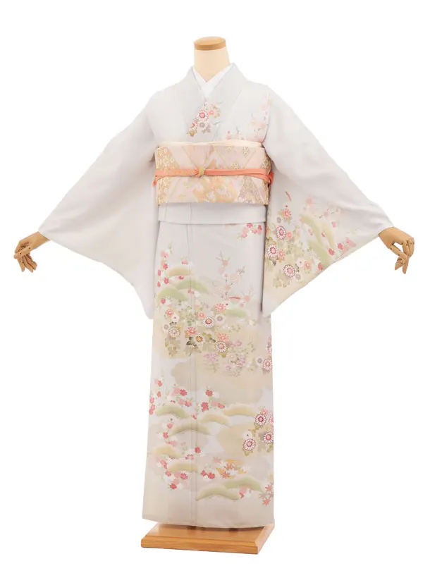 訪問着tｔ1633(トールサイズ) 式部浪漫 ペールグレー 雲に四季花