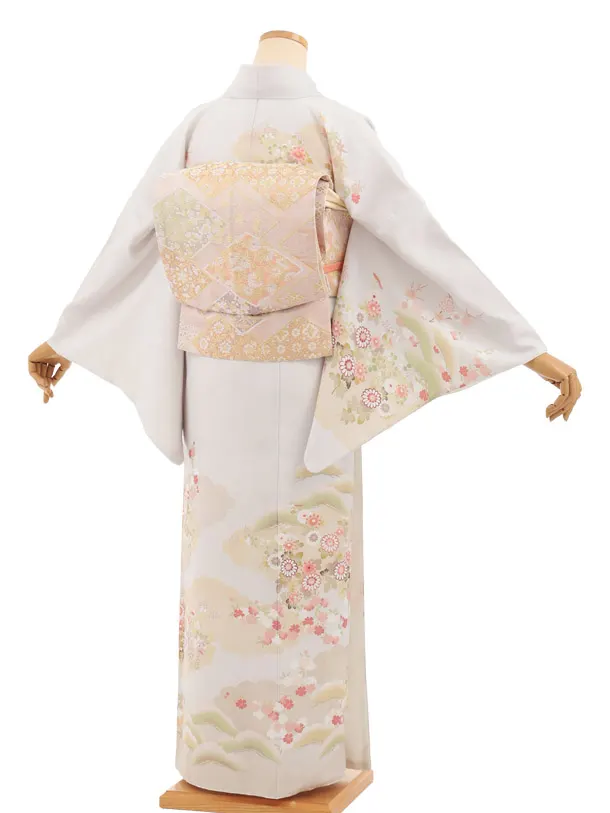 訪問着tｔ1633(トールサイズ) 式部浪漫 ペールグレー 雲に四季花