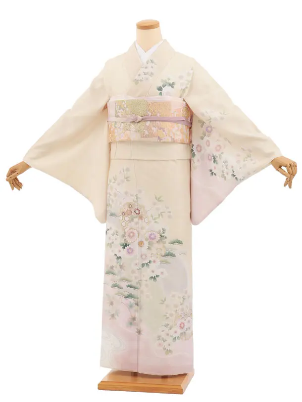 訪問着t1638 式部浪漫 クリームベージュ 菊花雪輪