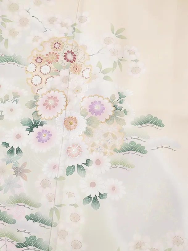 訪問着t1638 式部浪漫 クリームベージュ 菊花雪輪