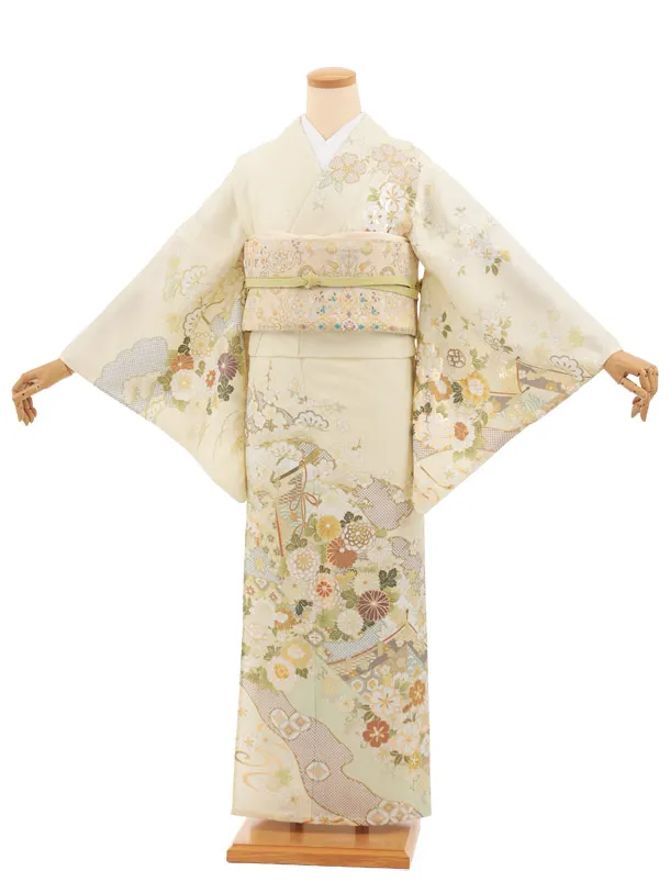 夏訪問着 単衣 1650 クリームイエロー 几帳文に四季花