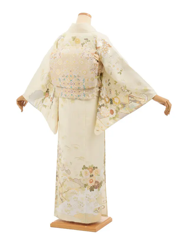 夏訪問着 単衣 1650 クリームイエロー 几帳文に四季花
