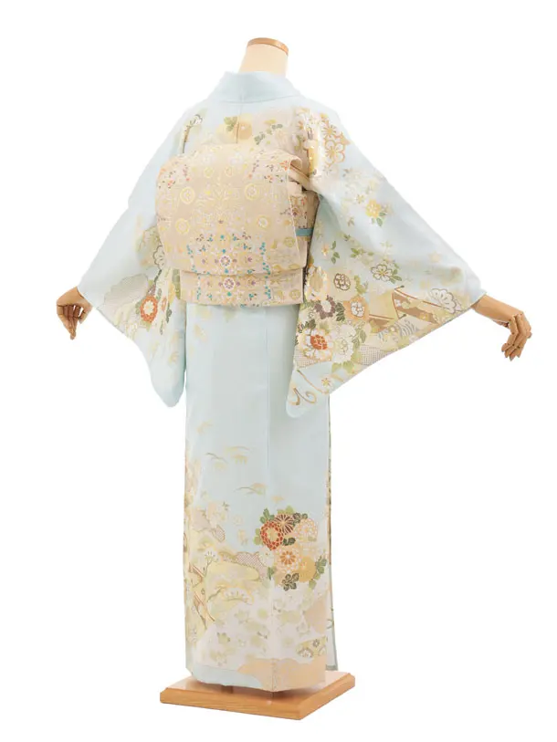 夏訪問着 単衣 1651 水色 几帳文に四季花