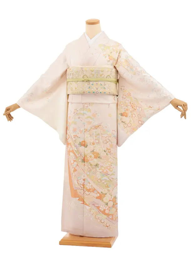 訪問着t1669 ピンク地 のし几帳文に菊