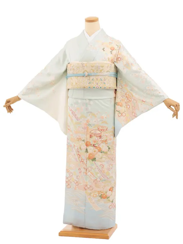 訪問着t1670 うすミント地 貝桶のし菊