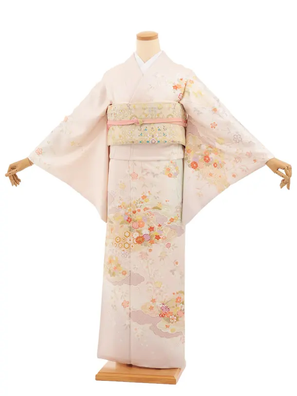 訪問着t1672 ピンク地 雲取り桜 四季花