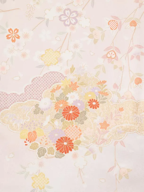訪問着t1672 ピンク地 雲取り桜 四季花