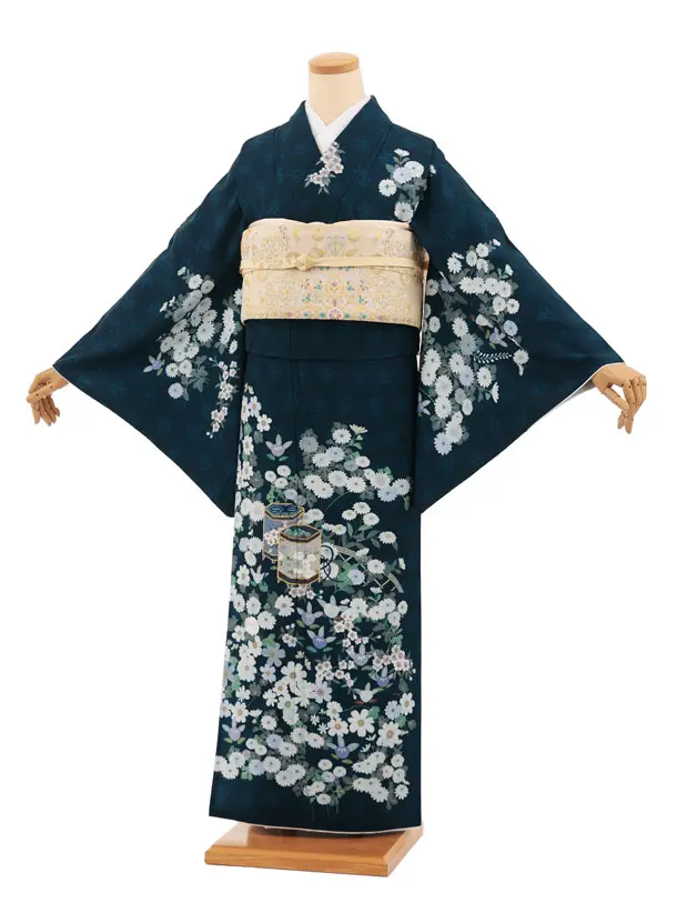 訪問着tｔ1681(トールサイズ) ブルーグリーン 貝桶に花