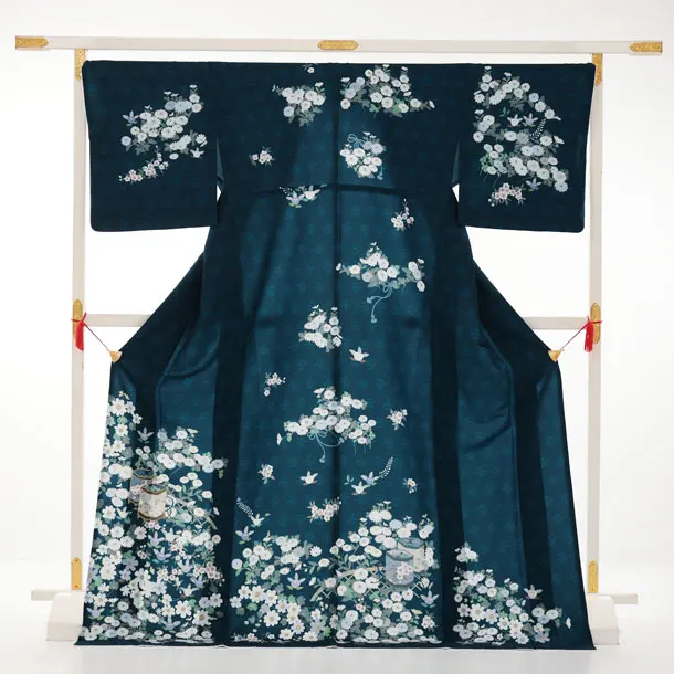訪問着tｔ1681(トールサイズ) ブルーグリーン 貝桶に花