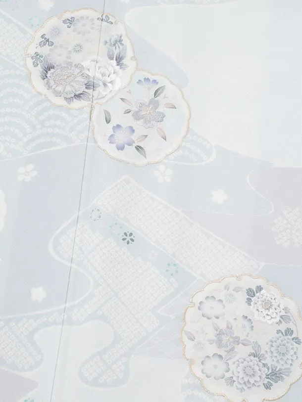 訪問着t1690 アイスブルー 雪輪に花
