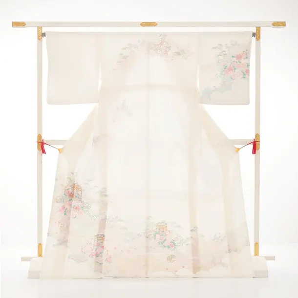 訪問着t1693 クリーム 貝桶 小花